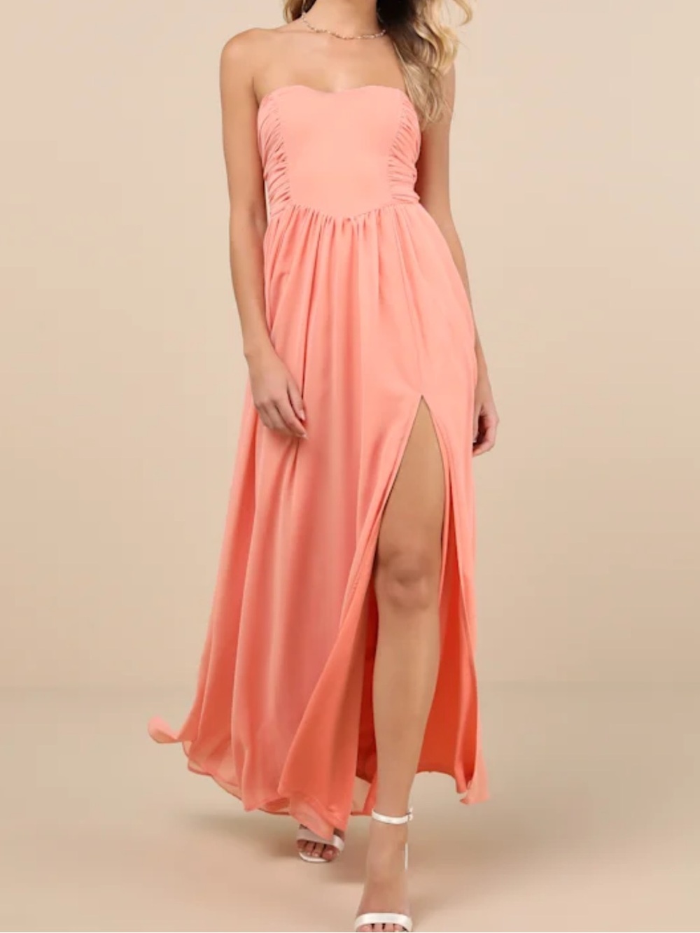 Lulus Luxe Favorite Peach Pink Strapless Ruched Maxi Dress Size M NWT